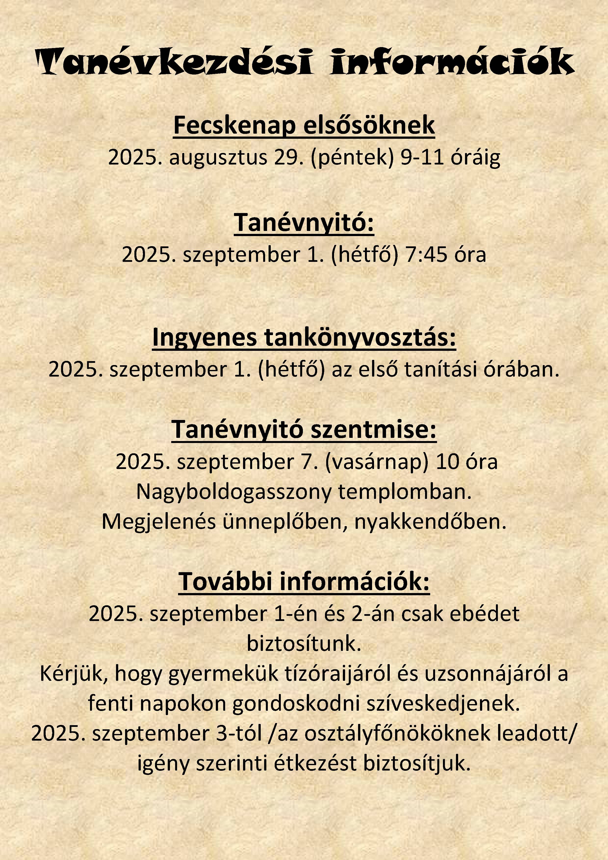 Tanévkezdési információk 2025